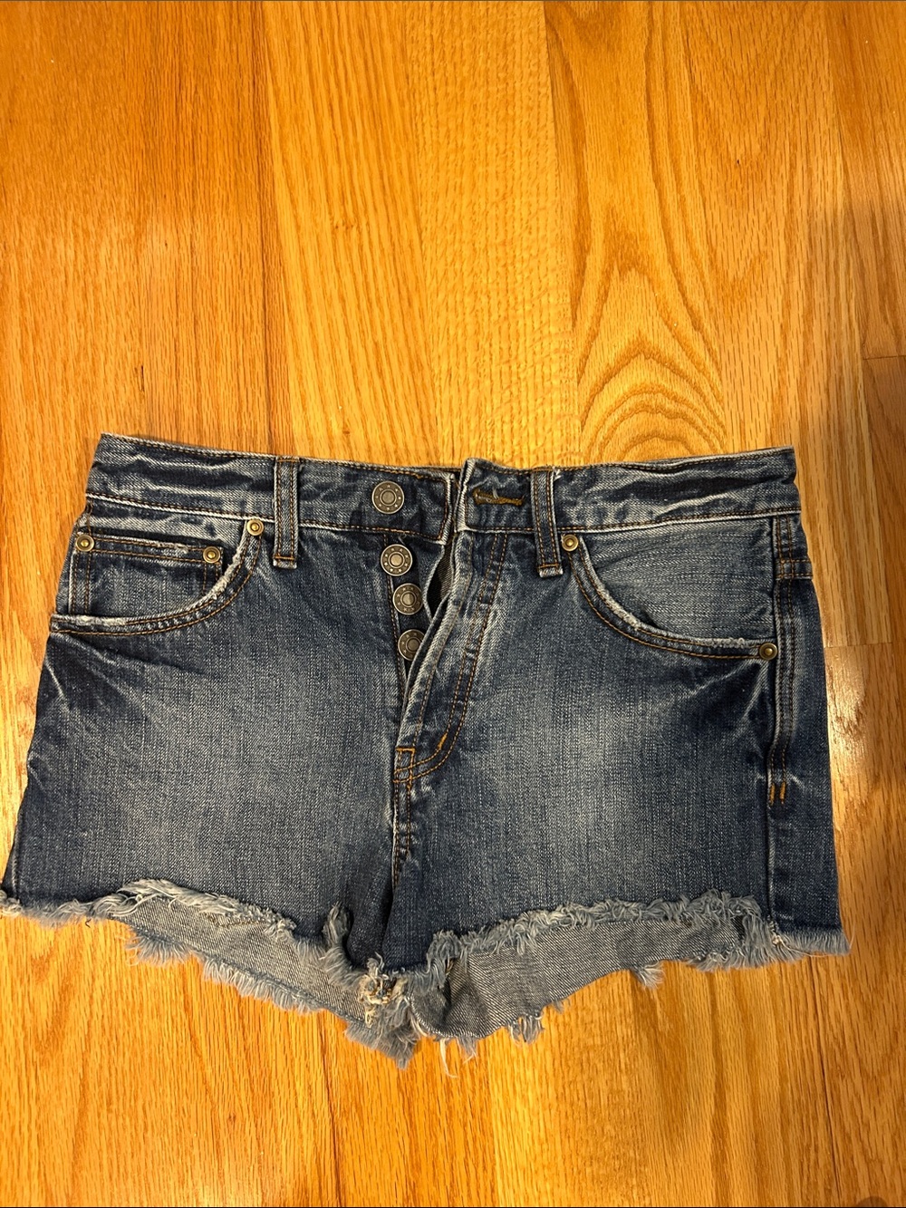 Free People Dark Blue Distressed Frayed Hem Jean Shorts